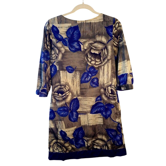 Yoana Baraschi Silk Floral Shift Dress Blue Beige Split V-Neck Pockets Size S - Picture 2 of 13